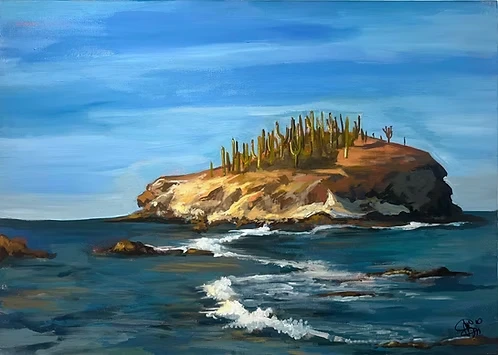 Cuadro Pintura Acrílica Original Playa El Choyudo Sonora Paisaje Desierto Sahuaros Hecho A Mano 50x60cm Jossana Art