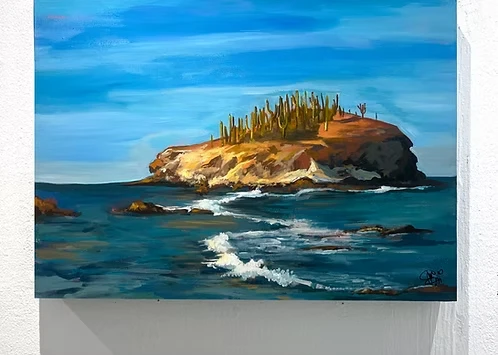 Cuadro Pintura Acrílica Original Playa El Choyudo Sonora Paisaje Desierto Sahuaros Hecho A Mano 50x60cm Jossana Art