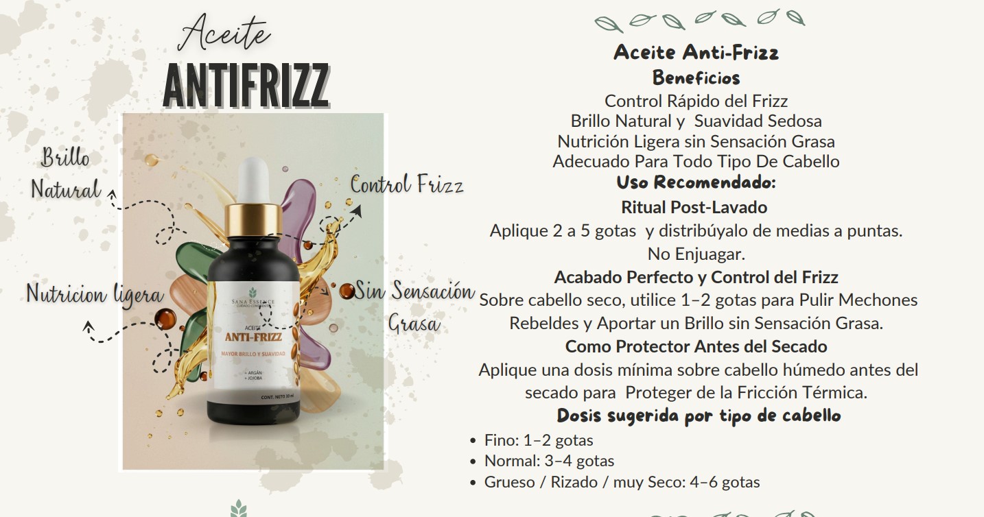 Aceite Anti Frizz ligero para controlar el frizz y aportar brillo.